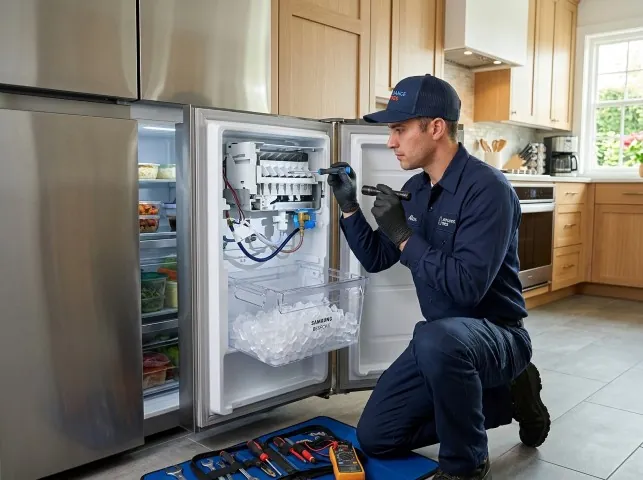 Appliance Repair Hero technician repairing a refrigerator ice maker in Andover, NJ