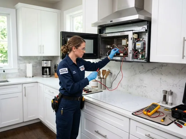 Appliance Repair Hero technician testing an over-the-range microwave in a Andover, NJ kitchen