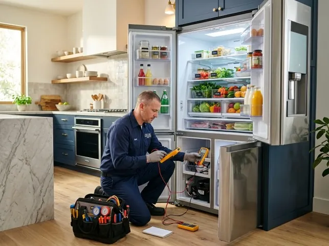 Appliance Repair Hero refrigerator technician testing a fridge on a Andover, NJ service call